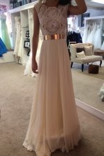 Colorful Scoop Floor Length Zipper Evening Dress Champagne for Prom and Party with Belt