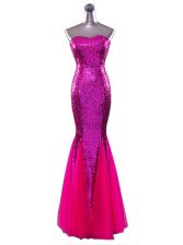  Mermaid Fuchsia Sleeveless Floor Length Sequins Zipper Prom Gown