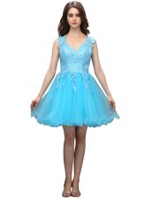Dynamic Aqua Blue Organza Backless Prom Dresses Sleeveless Mini Length Appliques