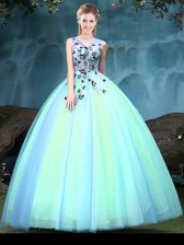 Sophisticated Multi-color Tulle Lace Up V-neck Sleeveless Floor Length Quinceanera Gowns Appliques