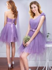 Glittering One Shoulder Sleeveless Lace Up Dama Dress Lavender Tulle
