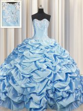 Fine Brush Train Sleeveless Sweep Train Beading and Pick Ups Lace Up Ball Gown Prom Dress