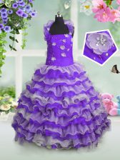  Lavender Ball Gowns Beading and Appliques and Ruffled Layers Party Dresses Lace Up Organza Sleeveless Floor Length