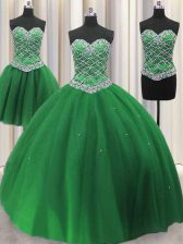 Most Popular Three Piece Sweetheart Sleeveless Tulle 15th Birthday Dress Beading and Sequins Lace Up