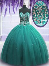 Classical Turquoise Ball Gowns Sweetheart Sleeveless Tulle Floor Length Lace Up Beading Quinceanera Dress
