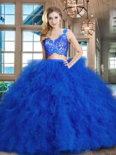  Sleeveless Tulle Brush Train Zipper Quinceanera Gown in Royal Blue with Lace and Ruffles