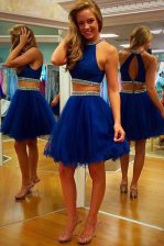 Sophisticated Organza Halter Top Sleeveless Zipper Beading and Belt Prom Evening Gown in Royal Blue