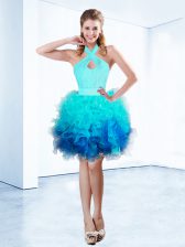 Sweet Aqua Blue Prom Evening Gown Prom and Party with Ruffles and Ruching and Belt Halter Top Sleeveless Zipper