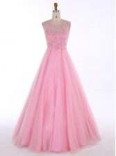 Custom Made Floor Length Baby Pink Dress for Prom Scoop Sleeveless Backless