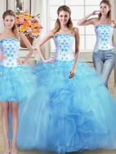  Three Piece Baby Blue Strapless Lace Up Beading and Appliques and Ruffles Vestidos de Quinceanera Sleeveless