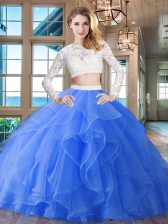 Scoop Blue Zipper Quinceanera Gowns Beading and Lace and Ruffles Long Sleeves Brush Train