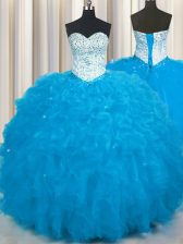 Exquisite Floor Length Lace Up Quinceanera Gowns Baby Blue for Military Ball and Sweet 16 and Quinceanera with Beading and Ruffles