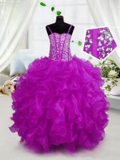 Stylish Organza Spaghetti Straps Sleeveless Lace Up Beading and Ruffles Little Girls Pageant Dress in Hot Pink