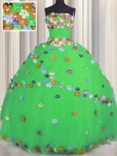  Green Ball Gowns Tulle Strapless Sleeveless Hand Made Flower Floor Length Lace Up Quince Ball Gowns