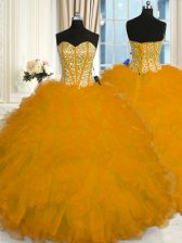 Traditional Gold Sweetheart Lace Up Beading and Ruffles Quinceanera Gown Sleeveless
