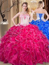 Cute Coral Red Strapless Lace Up Embroidery and Ruffles Vestidos de Quinceanera Sleeveless
