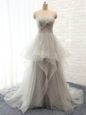 Custom Made Grey A-line Sweetheart Sleeveless Tulle Court Train Lace Up Beading and Ruffles Prom Evening Gown