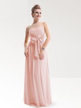  Baby Pink Sleeveless Ruching and Bowknot Floor Length Prom Evening Gown