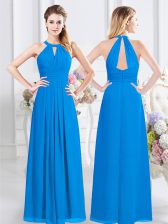 Modern Baby Blue Dama Dress Prom with Ruching Halter Top Sleeveless Zipper