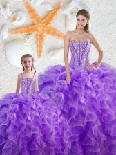  Purple Sweetheart Neckline Beading and Ruffles Quince Ball Gowns Sleeveless Lace Up