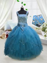  Aqua Blue Lace Up Child Pageant Dress Beading and Ruffles Sleeveless Floor Length