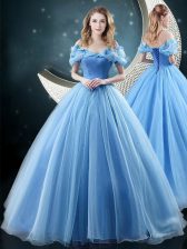  Brush Train Ball Gowns Quinceanera Dress Baby Blue Off The Shoulder Organza Sleeveless With Train Lace Up
