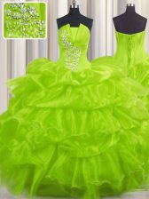  Organza Lace Up Strapless Sleeveless Floor Length 15 Quinceanera Dress Beading and Ruffles and Pick Ups