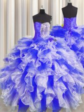 Low Price Blue And White Ball Gowns Organza Sweetheart Sleeveless Beading and Ruffles and Ruching Floor Length Lace Up Sweet 16 Dresses