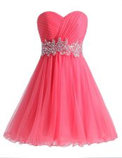 Super A-line Homecoming Dress Hot Pink Sweetheart Chiffon and Tulle Sleeveless Knee Length Lace Up
