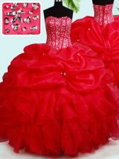  Pick Ups Sweetheart Sleeveless Lace Up Vestidos de Quinceanera Red Organza