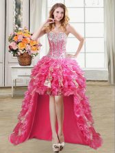  Hot Pink Organza Lace Up Sweetheart Sleeveless High Low Prom Dress Beading and Ruffles and Sequins