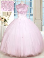Sexy Baby Pink Sleeveless Beading Floor Length 15 Quinceanera Dress