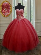 Unique Floor Length Red Sweet 16 Dress Organza Sleeveless Beading