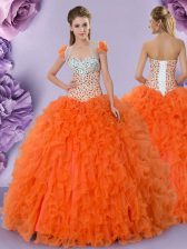 Popular Orange Red Tulle Lace Up Sweet 16 Dresses Sleeveless Floor Length Beading and Ruffles