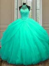 Designer Halter Top Sleeveless Tulle Quinceanera Gowns Beading and Sequins Lace Up