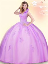 Fitting Lilac Ball Gown Prom Dress Military Ball and Sweet 16 and Quinceanera with Beading and Appliques High-neck Sleeveless Backless