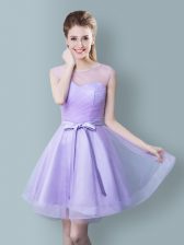  Scoop Sleeveless Court Dresses for Sweet 16 Knee Length Ruching and Bowknot Lavender Tulle