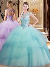  Aqua Blue Ball Gowns Scoop Sleeveless Tulle Brush Train Lace Up Beading and Ruffled Layers Ball Gown Prom Dress