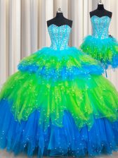  Three Piece Ruffled Sweetheart Sleeveless Lace Up Ball Gown Prom Dress Multi-color Tulle