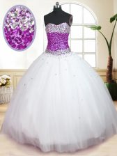  Floor Length Lace Up Vestidos de Quinceanera White for Military Ball and Sweet 16 and Quinceanera with Beading