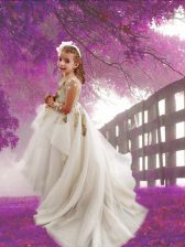  Tulle Scoop Long Sleeves Court Train Zipper Appliques Toddler Flower Girl Dress in White
