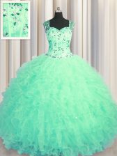  See Through Zipper Up Sleeveless Floor Length Beading and Ruffles Zipper Ball Gown Prom Dress with Turquoise