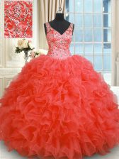 Traditional Coral Red Organza Zipper 15 Quinceanera Dress Sleeveless Floor Length Beading and Ruffles
