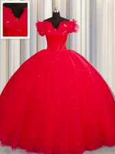  Red Off The Shoulder Lace Up Ruching Sweet 16 Dress Court Train Short Sleeves