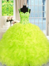 Flare Yellow Green Organza Lace Up Straps Sleeveless Floor Length Sweet 16 Dresses Beading and Embroidery and Ruffles