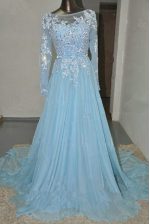  Baby Blue Prom Dresses Prom and Party with Appliques and Belt Bateau Long Sleeves Court Train Zipper