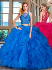  Scoop Sleeveless Ball Gown Prom Dress Floor Length Beading and Ruffles Blue Tulle