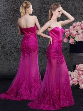  Mermaid Fuchsia Sleeveless Satin and Tulle Sweep Train Zipper Evening Dress for Prom and Military Ball and Wedding Party