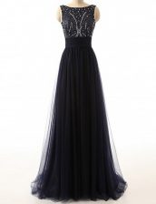Pretty Bateau Sleeveless Tulle Prom Evening Gown Beading Sweep Train Backless