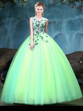  Multi-color Ball Gowns Tulle V-neck Sleeveless Appliques Floor Length Lace Up Vestidos de Quinceanera